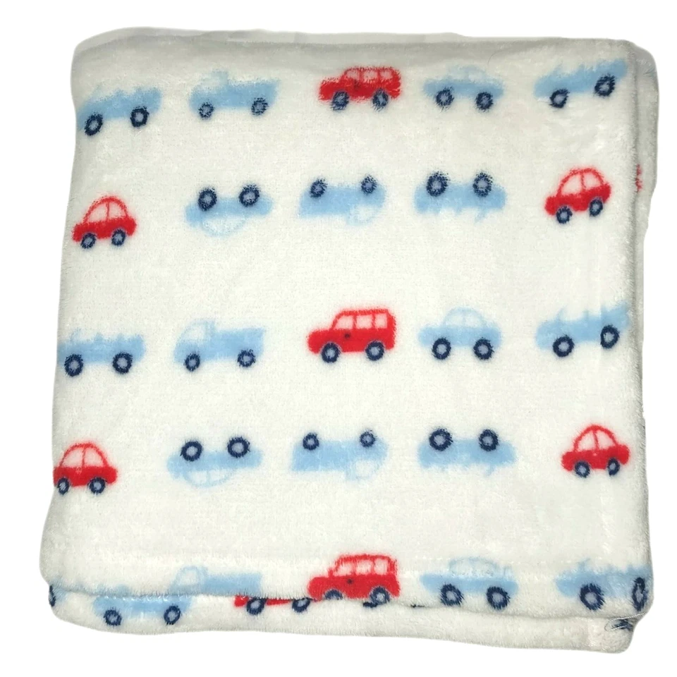 MODERN BABY Boy White Car Blanket Fleece Security Lovey Blue Red HTF - Image 1 of 4