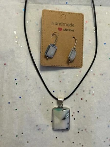 Dendritic Opal 925 Silver Gemstone Pendant With Fashion Earrings - Picture 1 of 8