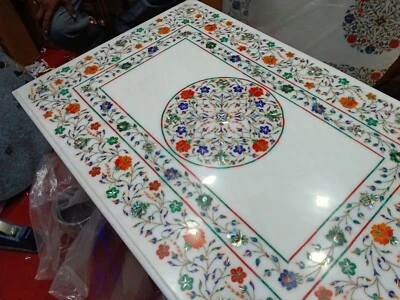 Handmade Luxurious Rectangular Marble Inlay Table Top with 2400 Gemstones - Image 1 of 4