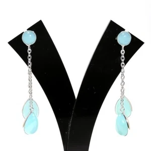 Aqua Chalcedony Gemstone 925 Sterling Silver Jewelry Stud Earring Size 2.6" - Picture 1 of 1