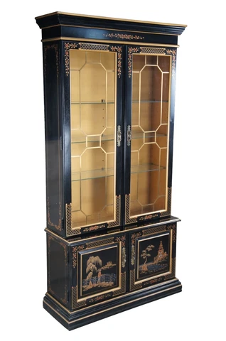Habersham Chinese Chippendale Black Lacquered China Curio Cabinet Cupboard 80" Cover