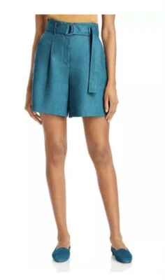 Pantalones Cortos Lafayette 148 New York Para Mujer Nuevos sin Etiquetas Plisados Desgravados de Lino con Cinturón, Verde azulado, 10 Foto 1 de 4