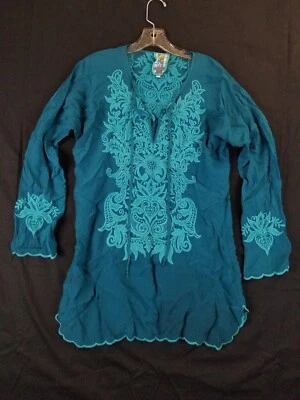 Johnny Was Tania 束腰外衣蓝色波西米亚嬉皮刺绣长衬衫上衣女式 XS — 第 1/4 张图片