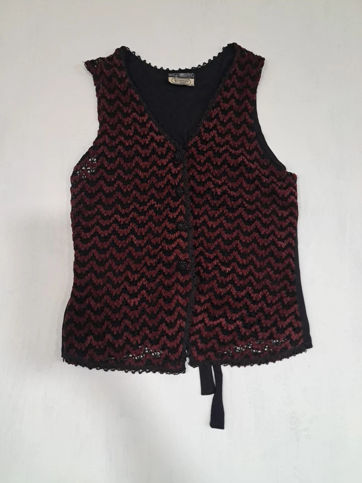 Chaleco tejido de colección años 90 para mujer caprichoso rojo negro envoltura EE. UU. S/M lazo trasero cuello en V  Foto 1 de 4