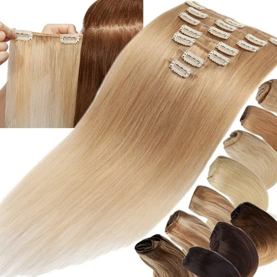 Extensiones de cabello humano con clip Remy cabello humano real cabeza completa 8 piezas con 18 clips Foto 1 de 4