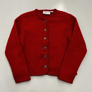 Vintage 80s Tally-Ho Womens PS Gold Button Cherry Red Wool Cardigan Sweater - Picture 1 of 11