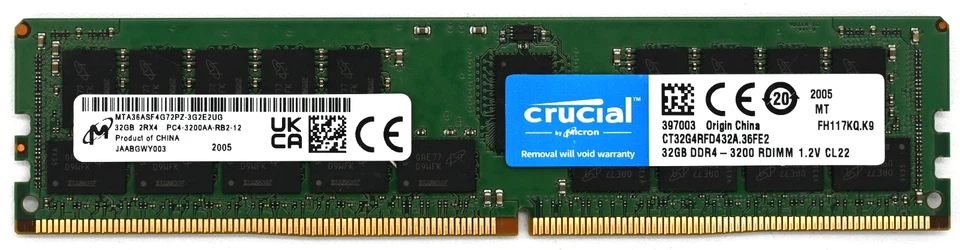 32GB Micron DDR4 3200MHz ECC Reg DIMM 2Rx4 Server Memory MTA36ASF4G72PZ-3G2E2 - Image 1 of 1