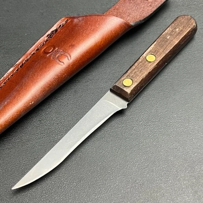 Old Hickory 棕色木柄迷你圆片固定刀片刀带皮革鞘 — 第 1/4 张图片