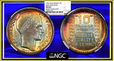 INA FRANCIA 1929 Plata 10 Francos Essai-Piefort GEMA #173.EP NGC 64* Tonificación Arco Iris Foto 1 de 3