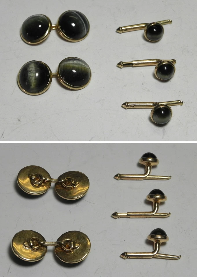 C1289 Juego de gemelos vintage de oro amarillo macizo de 14K para hombre gris ojo de tigre Foto 1 de 1