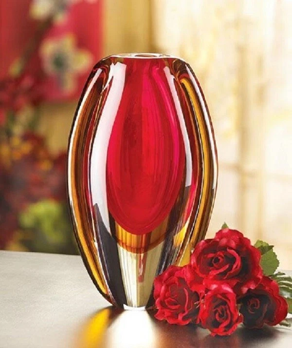 Awesome Sunfire Red & Gold Decorative Glass Vase Decor Home Centerpiece