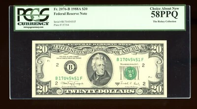 DBR 1988-A $20 FRN New York Fr. 2076-B PCGS 58 PPQ Serial B17045451F - Image 1 of 2
