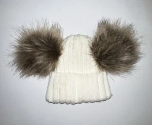 Little Girls Winter Knit Pom Pom Beanie White With Brown Pom Poms - Picture 1 of 3