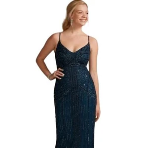 GALINA SIGNATURE Navy Beaded V-Neck Spaghetti Strap Mesh Sheath Dress Size 2. - Picture 1 of 5