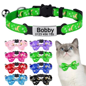 Grünes personalisiertes Katzenhalsband mit Schleifenglocke graviert Name Ausweis Etikett Sicherheitsfreigabe - Bild 1 von 19