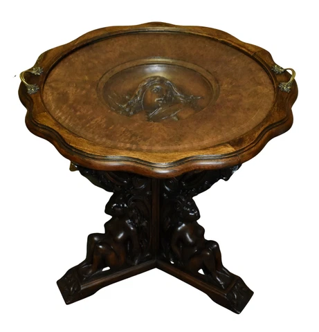 Antique Renaissance Revival Carved Figural Walnut Table w/Beveled Glass Tray Top Cover