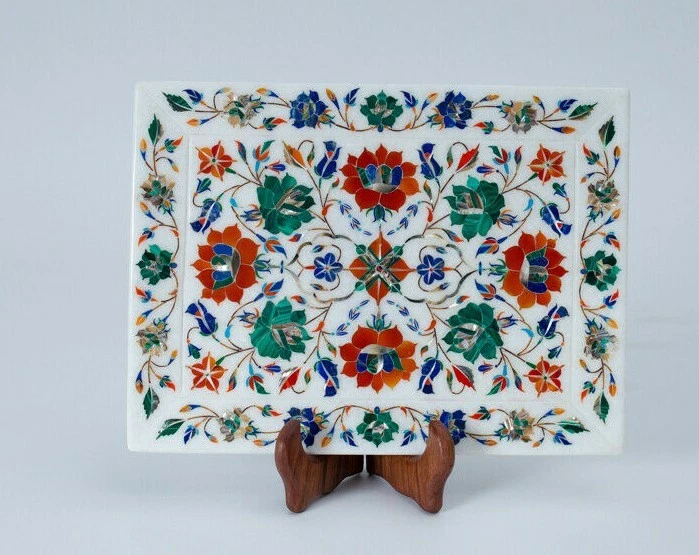 Bandeja de mármol 12" X 9" Pietra Dura Incrustación piedras semipreciosas decoración del hogar Foto 1 de 1