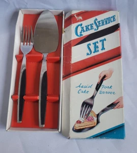 Vintage Cake Server Set lift/pie slice/Fork NEW/Boxed stainless steel 1950s MCM - Picture 1 of 7