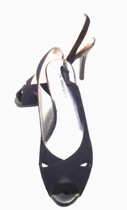 ANN KLEIN BLACK SUEDE / PATENT Leather SLINGBACK Pumps PEEP TOE MULES HEELS 7.5M - Picture 1 of 12