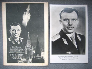 1961 First World Cosmonaut space Yuri Gagarin vintage postcard 2 pcs - Picture 1 of 8