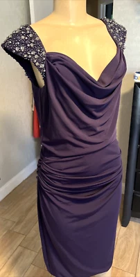 VESTIDO DE COLECCIÓN MAGGY LONDRES PÚRPURA ACANALADO CON GEMAS CON CUENTAS MANGA CORTA IMPRESIONANTE xb8 Foto 1 de 4