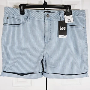 Lee Women Mid Rise 5 inch Inseam Cuffed Short Light Rail Road Stripe Blue Sz 18M - Picture 1 of 13