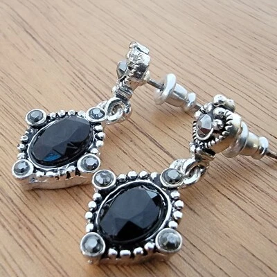 Brincos artesanais facetados ônix preto marcasita aço inoxidável coração cravejado pendente - Imagem 1 de 4