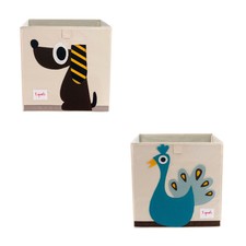 3 Sprouts Fabric Storage Cube Box Toy Bin, Brown Dog & Blue Peacock (2 Pack)