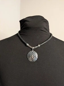 Bohemian Silver Tone & Black Leather Round Pendant Necklace - Picture 1 of 4