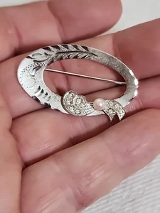 Vtg Theda REAL PEARL & Rhinestones Etched Solid Sterling Silver Brooch Pin  - Picture 1 of 5