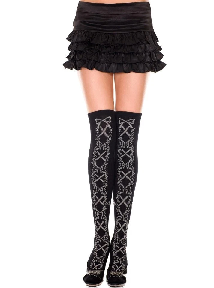 NUEVO Sexy PIERNAS DE MÚSICA Entrecruzadas CINTA Flores FLORALES Arcos ALTOS MUSLOS MEDIAS Foto 1 de 1