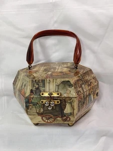 70er Anton Pieck Vintage Decoupage Box Holz Geldbörse mit Plexiglas Griff Sechseck - Bild 1 von 21