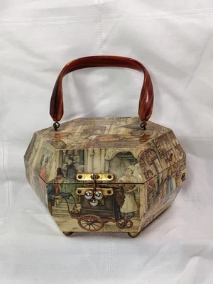 70's Anton Pieck Vintage Decoupage Box Wooden Purse with Lucite Handle Hexagon  - Image 1 of 4