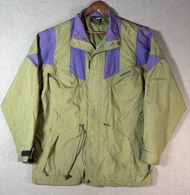 复古 20 世纪 90 年代阿迪达斯紫色和橄榄绿色风衣田径夹克宽松 L 码 — 第 1/4 张图片