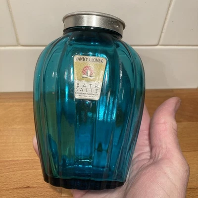 "HERMOSO frasco de vidrio antiguo Richard Hudnut azul verdoso sales de baño 5"" X 4"" X 2""" Foto 1 de 4