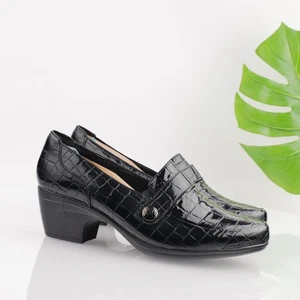 Clarks Womens Emily Andria Pump Size 11 WIDE Black Patent Croc Block Heel Shoe - Picture 1 of 14