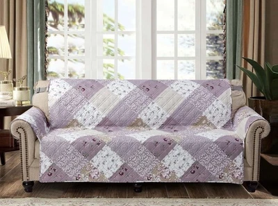 Lilac and Beige Rose Patchwork Couch Cover, Quilted Large Sofa Slipcover, 70"... - Image 1 of 4