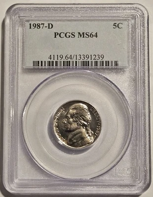1987 D 5C Jefferson Nickel PCGS MS64 - FREE SHIPPING! - Image 1 of 2