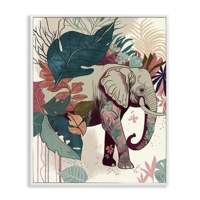 Elefante y hojas tropicales enmarcadas diseño de arte en giclee por Fab Funky Foto 1 de 4