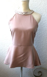 TOP Neckholder NEW LOOK Gr. 40 / UK 12 Nude Beige Straß Verzierung Abend Bluse - Bild 1 von 10