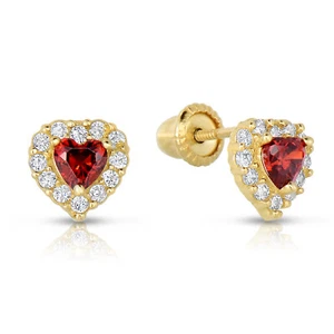 14K Solid Yellow Gold Heart Halo Birthstone CZ Sleeper Studs Earrings Screw-back - Picture 1 of 32