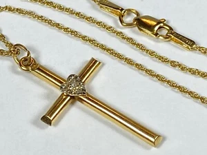 14k Gold & Diamond Cross / Crucifix Pendant & Chain Necklace - 2.62g / 16.5" - Picture 1 of 14