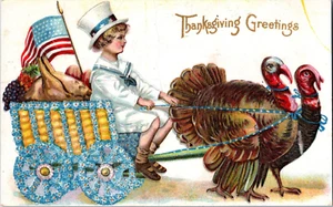 Vintage Thanksgiving Postcard Turkey Boy Fantasy Patriotic American Flag Embosse - Picture 1 of 2