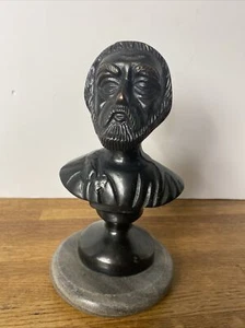 7” Male Stoic Bust Bronze On Pedestal Marble Base - Picture 1 of 9
