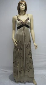 Sue Wong Brown Latte Cream Golden Beaded Dress Evening 6 Chocolate SILK Maxi NEW - Picture 1 of 10