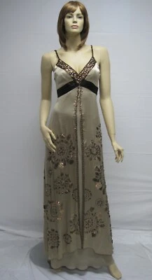 Sue Wong Brown Latte Cream Golden Beaded Dress Evening 6 Chocolate SILK Maxi NEW - Image 1 of 4