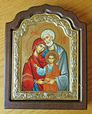 GRANDE ICÔNE OKLAD ARGENT-DORÉ FAIT MAIN "SAINTE FAMILLE" СВЯТОЕ... - Photo 1/4