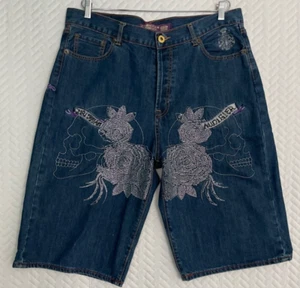 Christian Audiger Men’s Jean Shorts Embroidered Skull Baggy Y2K Jorts 38 - Picture 1 of 19