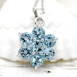 Flower Cluster Sky Blue Topaz Pendant Necklace 925 Sterling Silver Free Chain - Picture 1 of 8