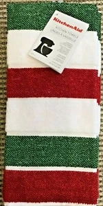 KITCHENAID  KITCHEN TOWELS (2) RED GREEN WHITE WIDE STRIPE 100% COTTON NIP - Picture 1 of 2